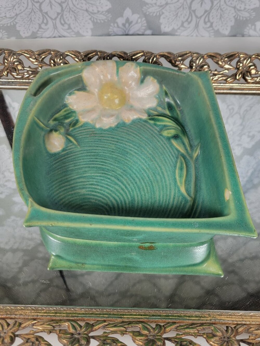 Vintage Roseville Pottery Peony Tray - Ashtray Nile Green w/White Yellow Flower